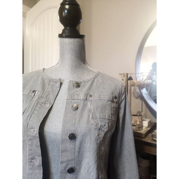 🌼Noa Noa🌼 - Railroad stripe denim jacket / size M / navy blue & white - Picture 2 of 7